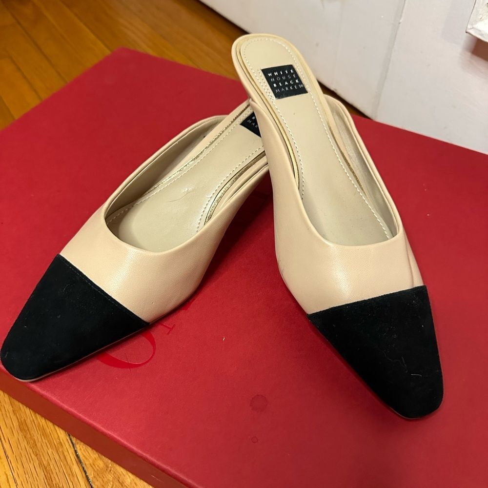 White House Black Market Black and Tan Mules